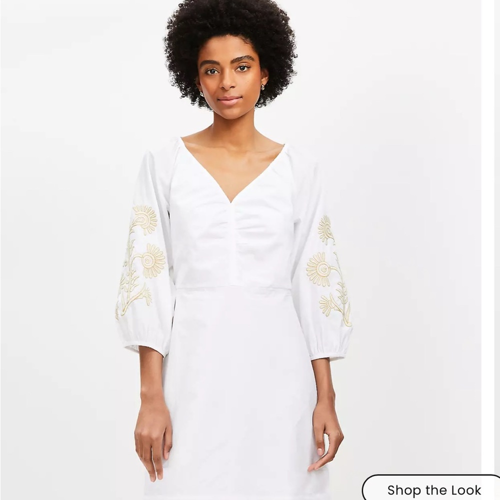 Loft White Dress with floral Embroidered Poplin Shirred Mini Dress